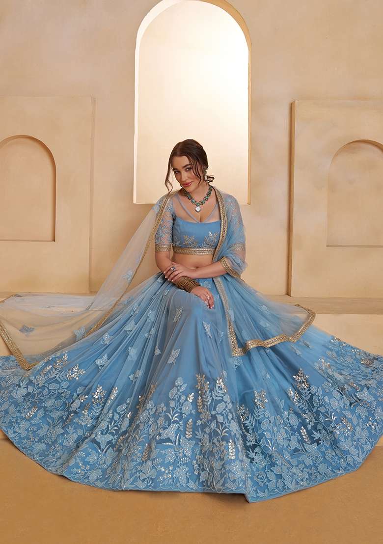 Mint Blue Sequin Work Net Lehenga Set - Indya