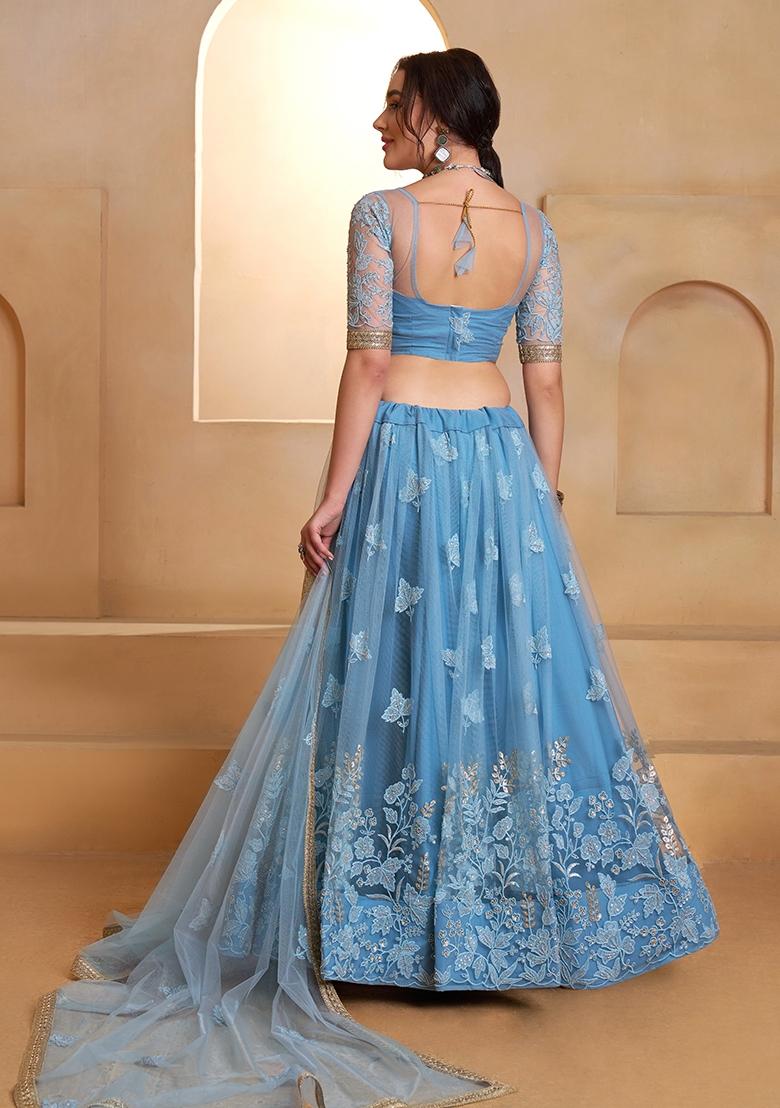 Mint Blue Sequin Work Net Lehenga Set - Indya