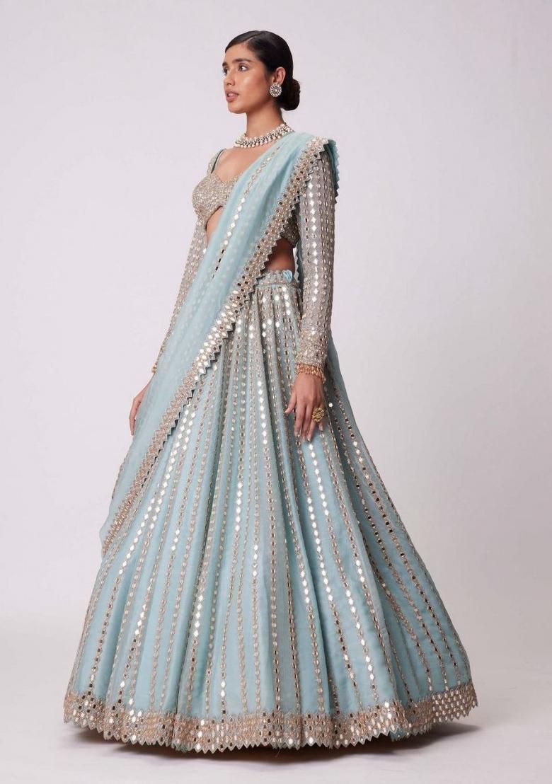Sky Blue Embroidered Silk Blend Lehenga Set - Indya