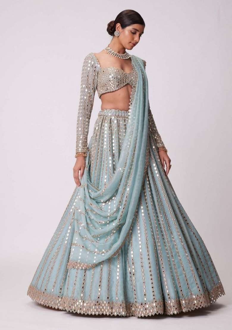 Sky Blue Silk Blend Lehenga Set with Embroidered for Diwali | Wedding & Festive Wear - Indya