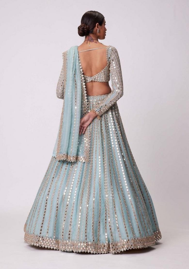 Sky Blue Embroidered Silk Blend Lehenga Set - Indya