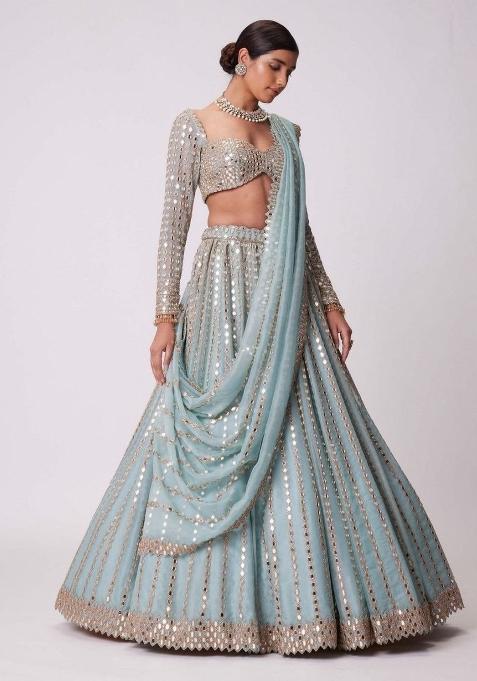 Sky Blue Embroidered Silk Blend Lehenga Set