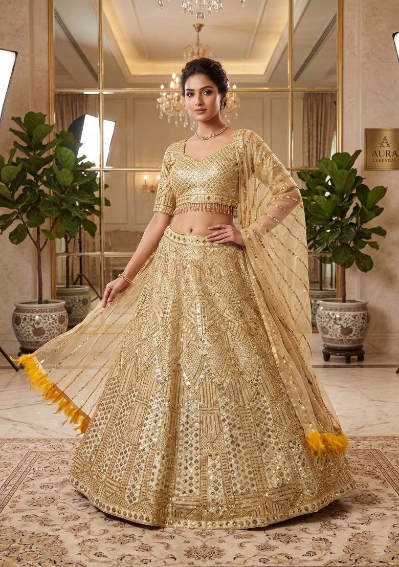 Golden Sequin Work Net Lehenga Set for Diwali and Festive Wear - Indya