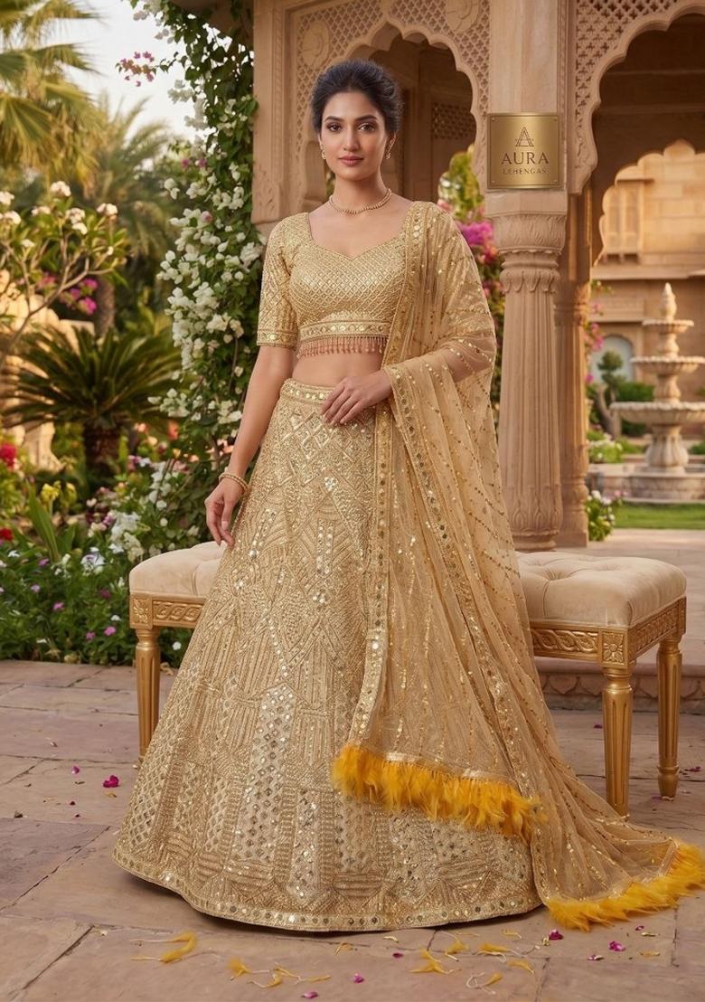 Golden Sequin Work Net Lehenga Set - Indya