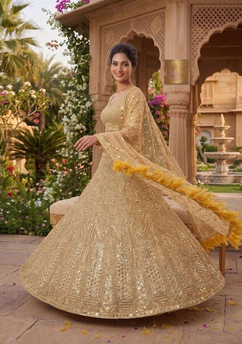 Golden Sequin Work Net Lehenga Set for Diwali and Festive Wear - Indya