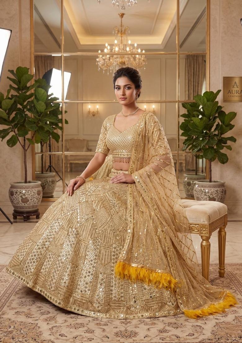 Golden Sequin Work Net Lehenga Set - Indya