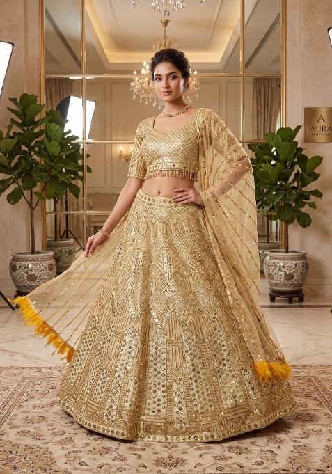 Golden Sequin Work Net Lehenga Set
