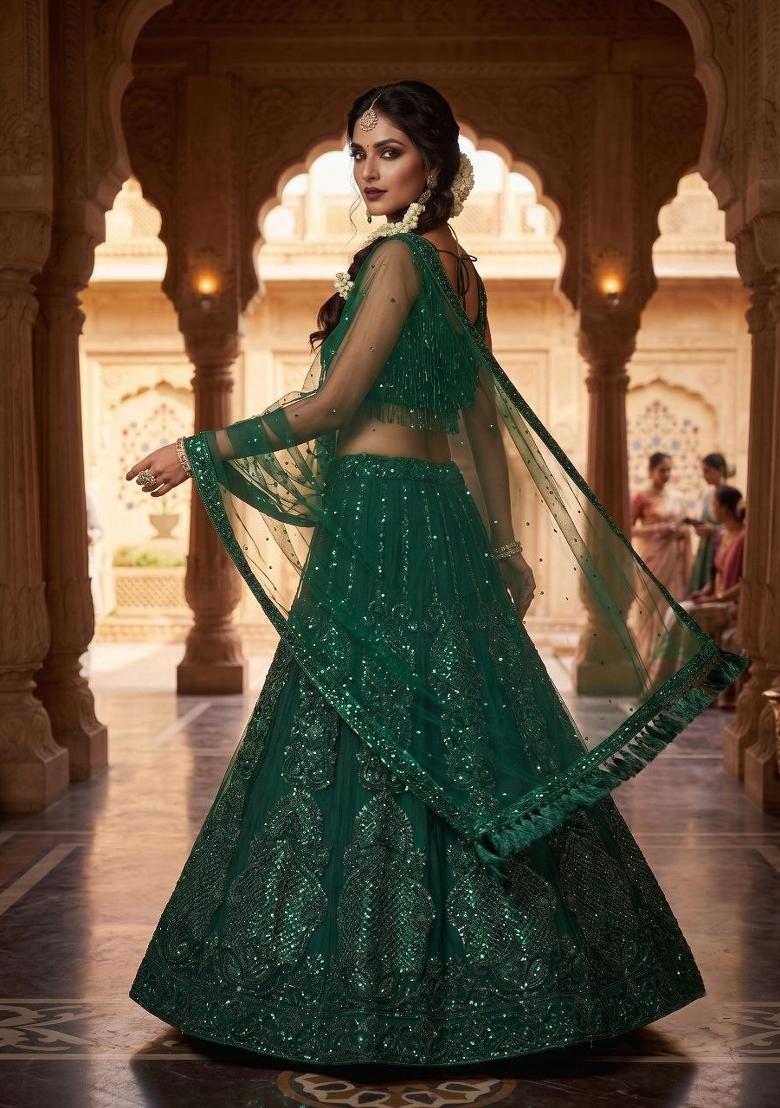 Green Sequin Work Net Lehenga Set - Indya