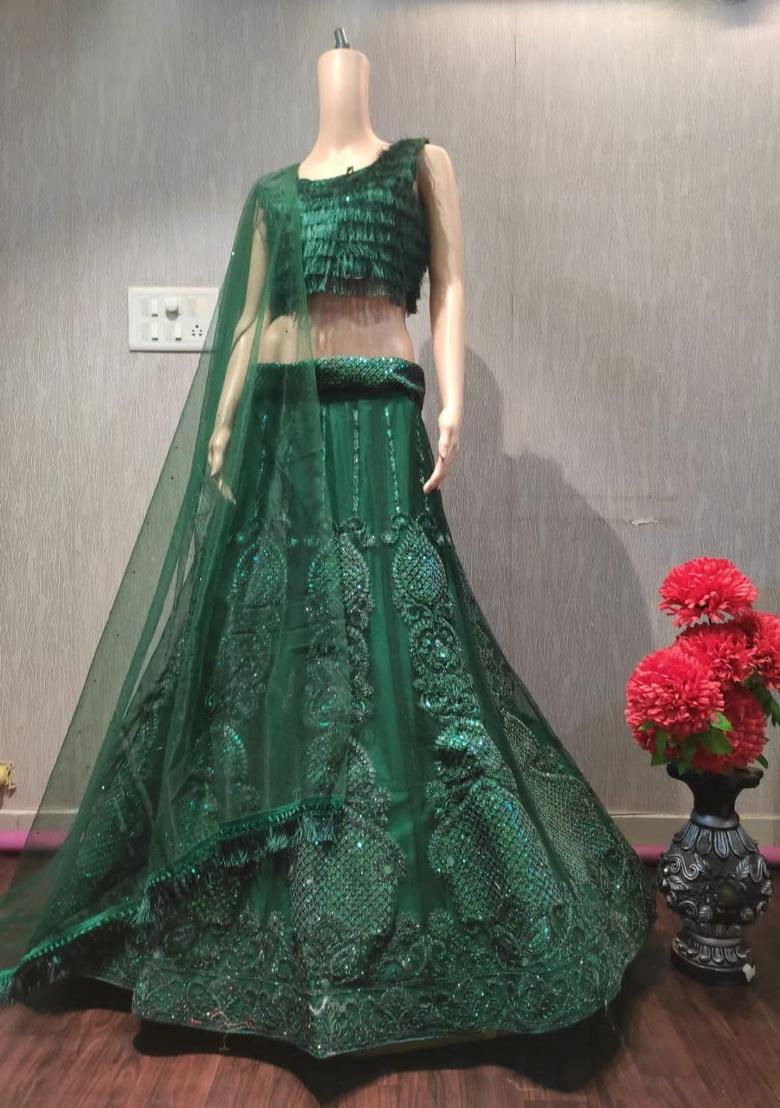 Green Sequin Work Net Lehenga Set - Indya
