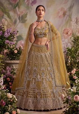Mustard Sequin Work Net Lehenga Set