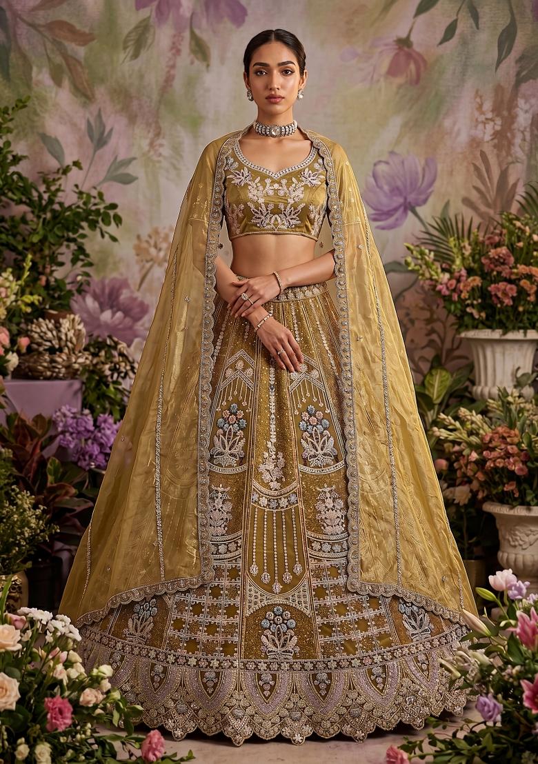 Mustard Sequin Work Net Lehenga Set - Indya