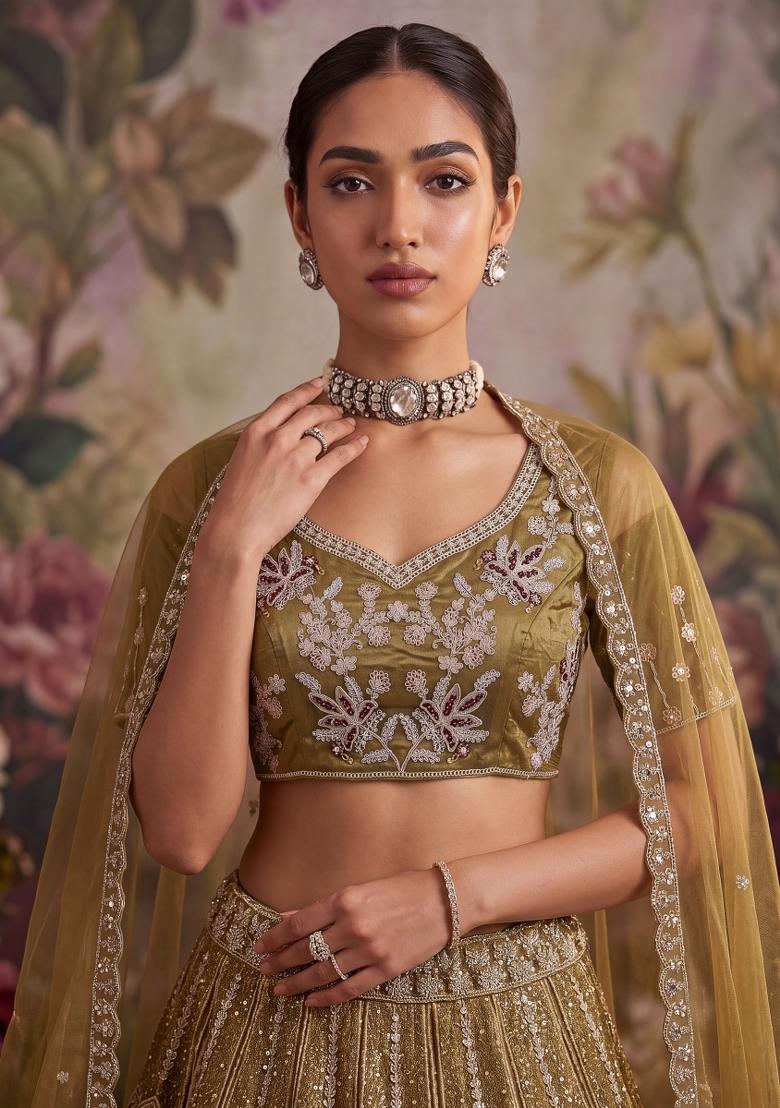 Mustard Sequin Work Net Lehenga Set - Indya