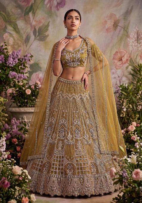 Mustard Sequin Work Net Lehenga Set