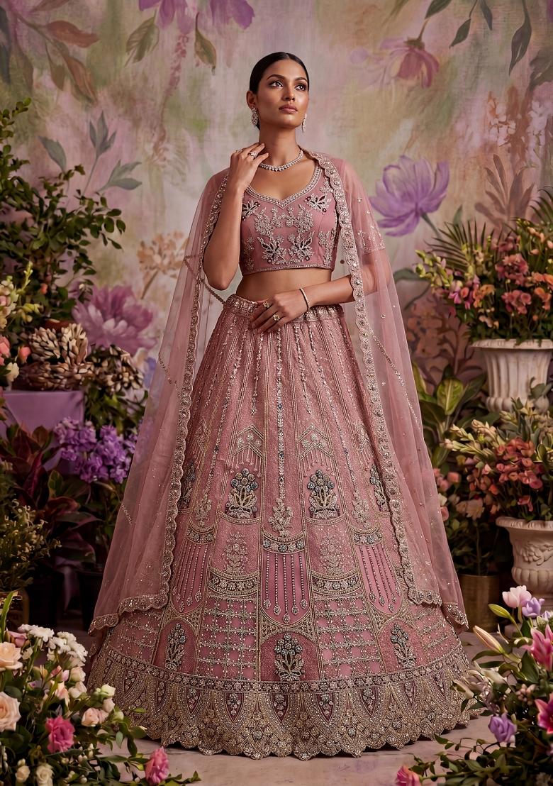 Pink Sequin Work Net Lehenga Set - Indya