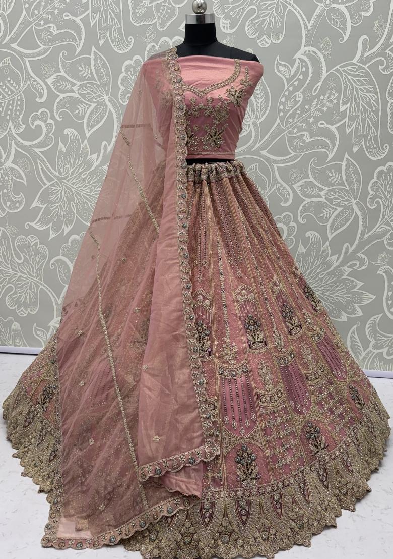 Pink Sequin Work Net Lehenga Set - Indya