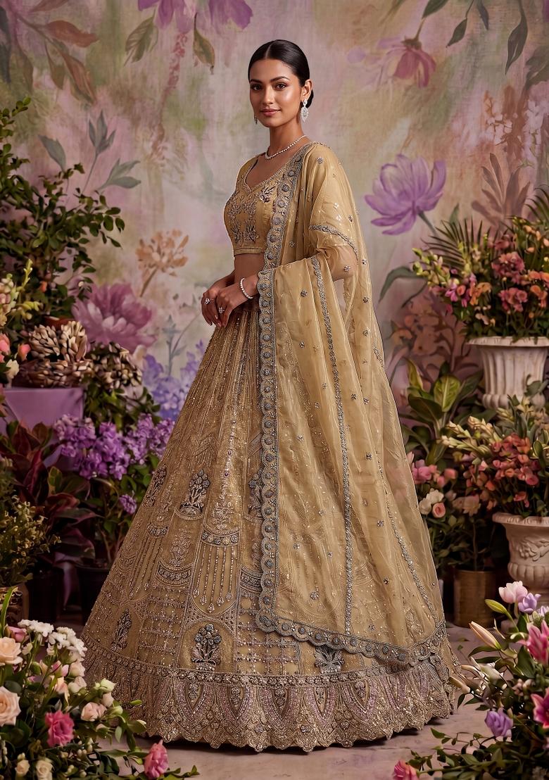 Golden Sequin Work Net Lehenga Set - Indya