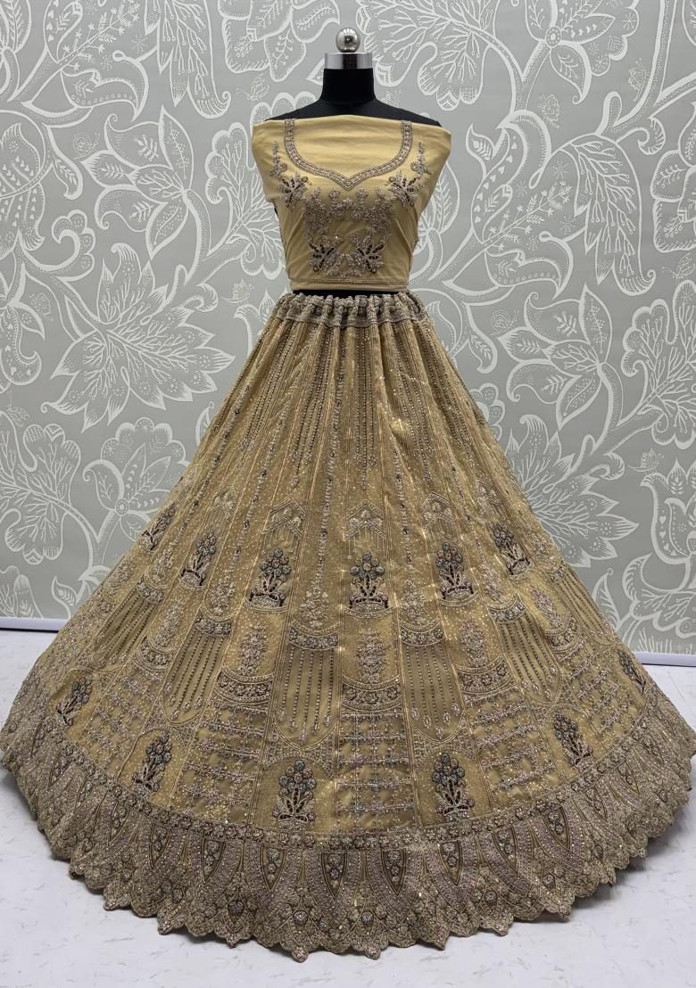 Golden Sequin Work Net Lehenga Set - Indya