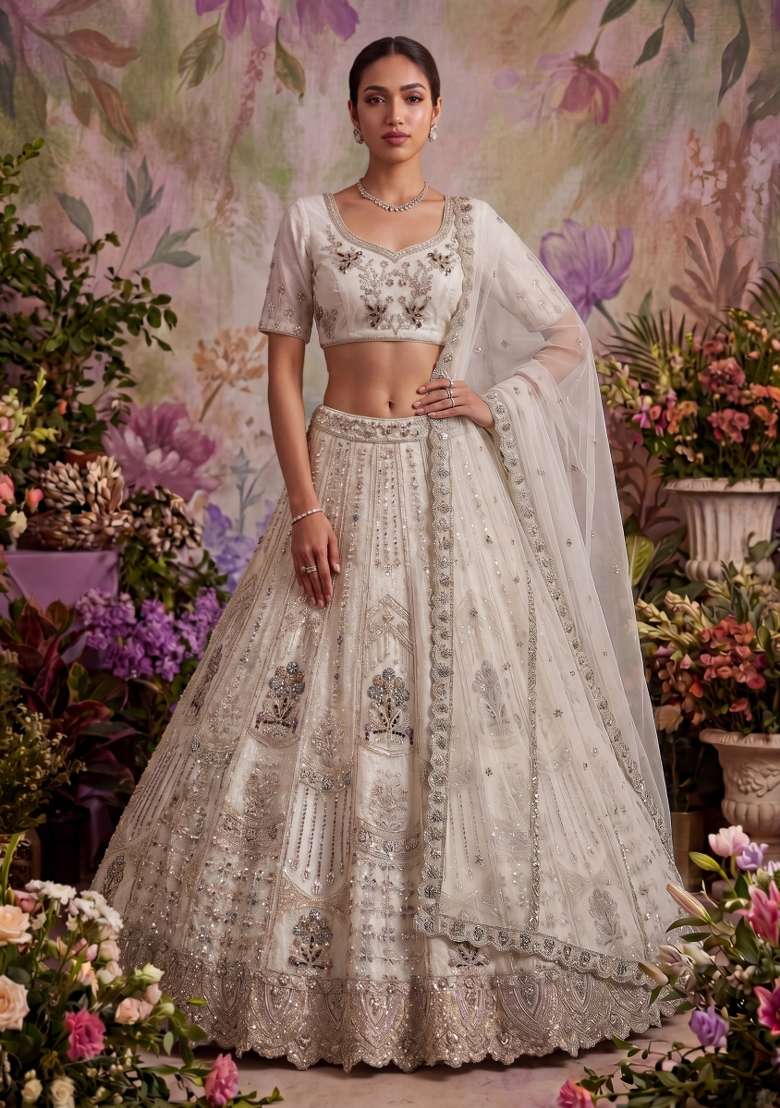White Sequin Work Net Lehenga Set - Indya
