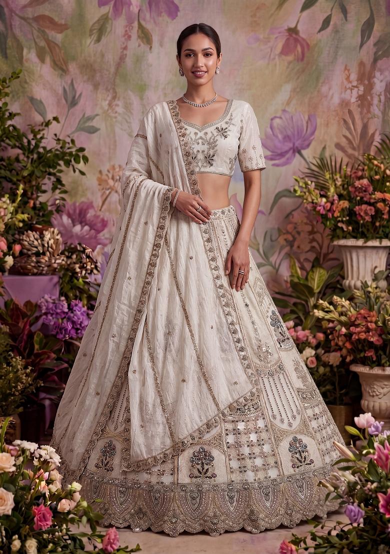 White Sequin Work Net Lehenga Set - Indya