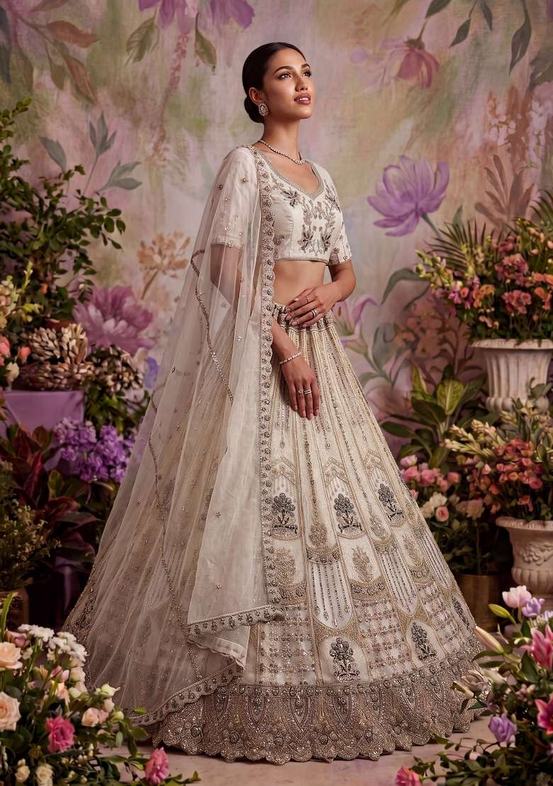 White Sequin Work Net Lehenga Set - Indya