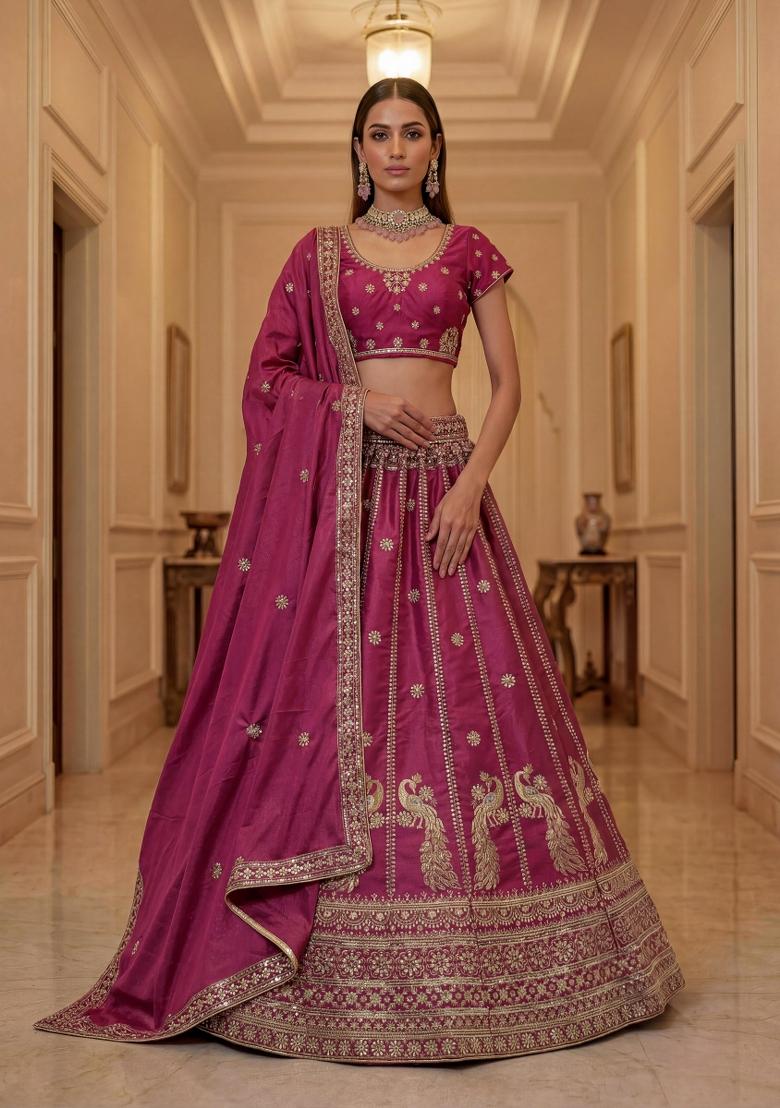 Pink Sequin Work Silk Blend Lehenga Set - Indya