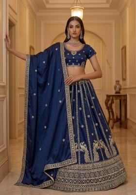 Blue Sequin Work Silk Blend Lehenga Set