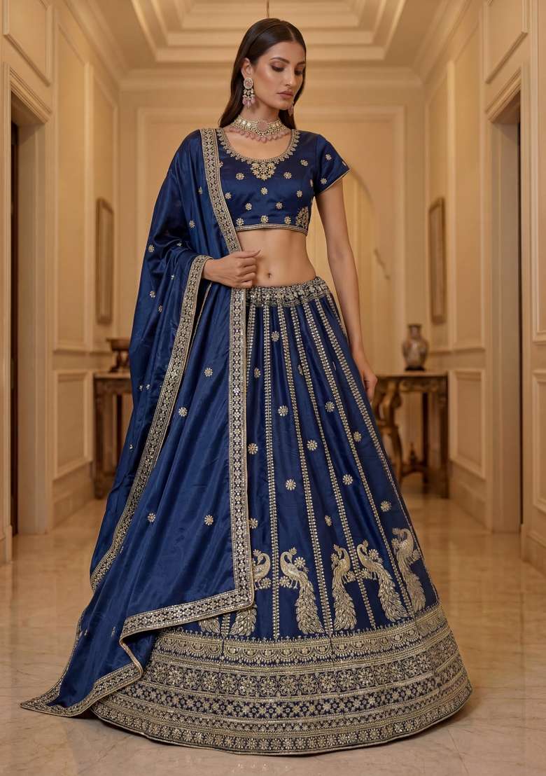 Blue Sequin Work Silk Blend Lehenga Set - Indya
