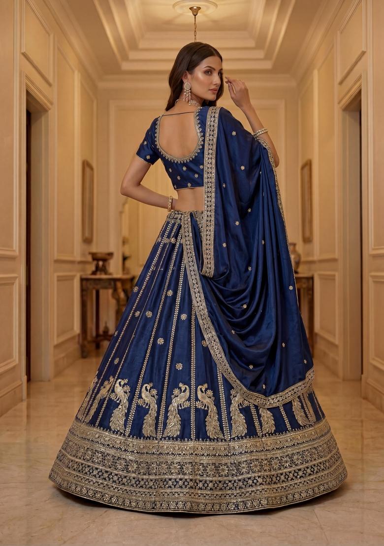Blue Sequin Work Silk Blend Lehenga Set - Indya
