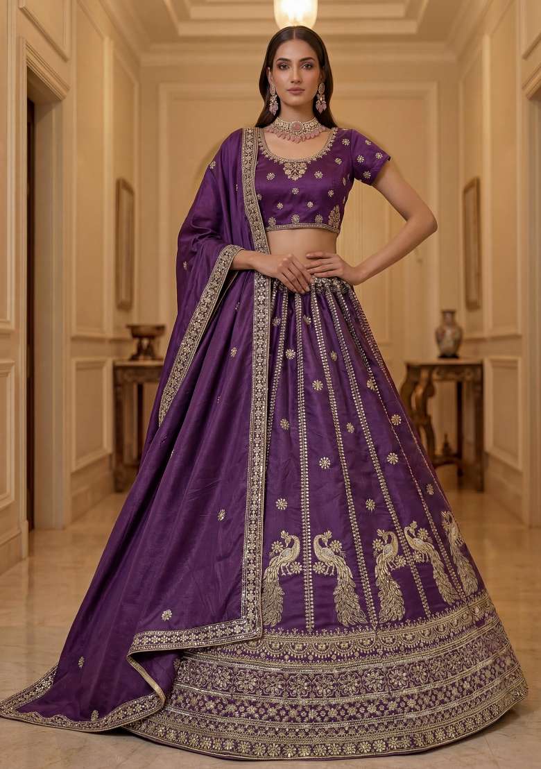 Purple Sequin Work Silk Blend Lehenga Set - Indya
