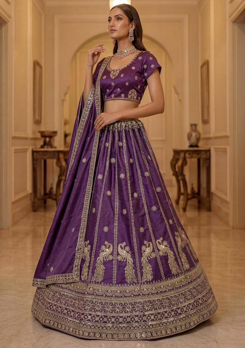 Purple Sequin Work Silk Blend Lehenga Set - Indya