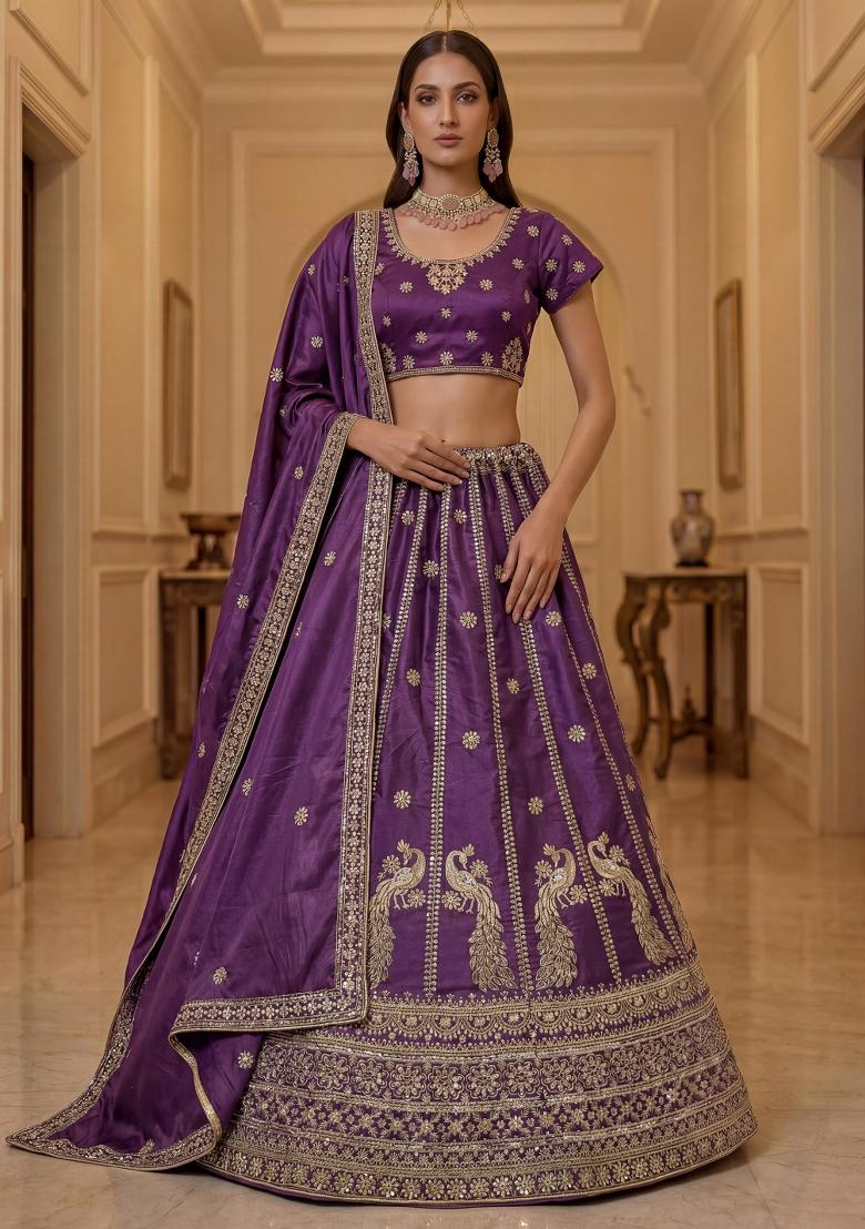 Purple Sequin Work Silk Blend Lehenga Set - Indya