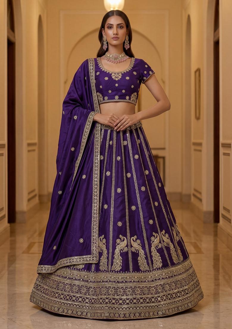 Indigo Sequin Work Silk Blend Lehenga Set - Indya