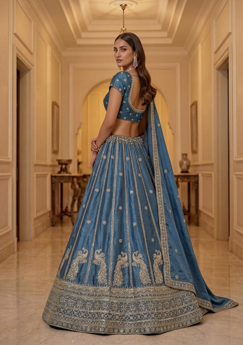 Firozi Sequin Work Silk Blend Lehenga Set - Indya