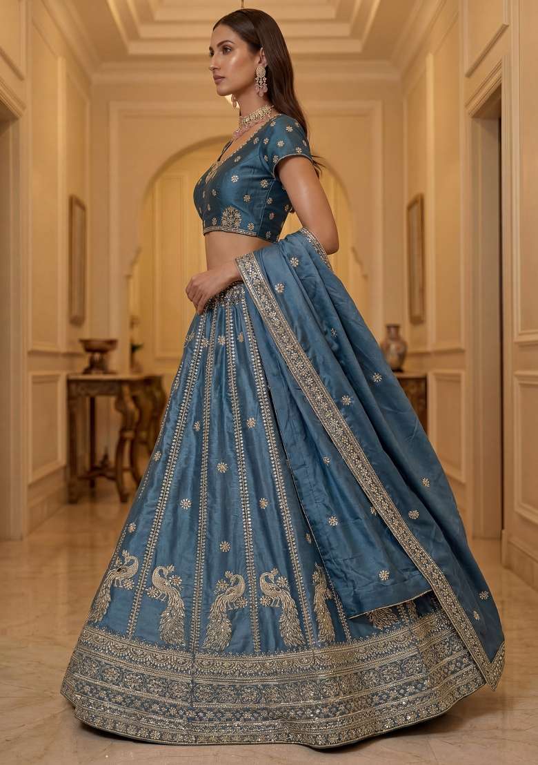 Firozi Sequin Work Silk Blend Lehenga Set - Indya