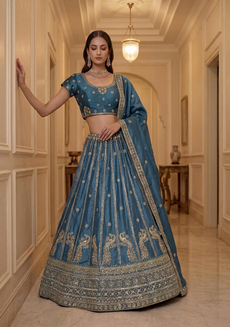 Firozi Sequin Work Silk Blend Lehenga Set - Indya