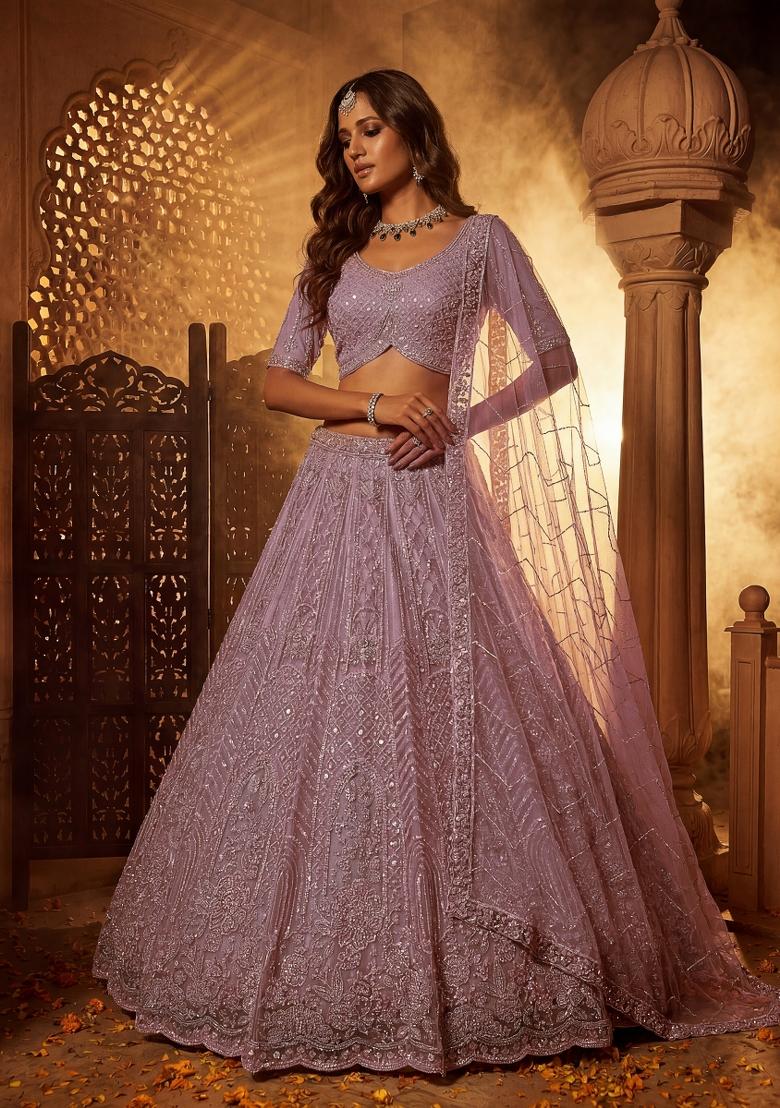 Pink Sequin Work Net Lehenga Set - Indya