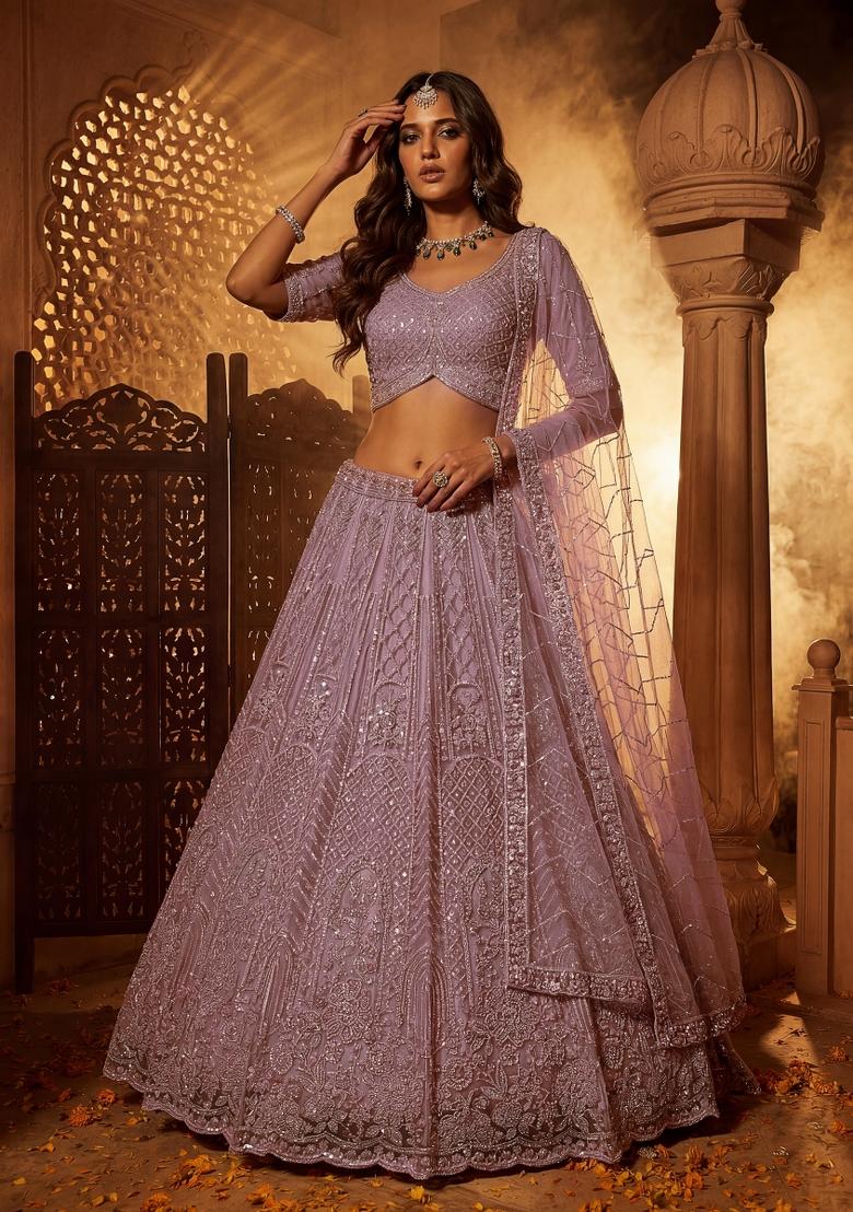 Pink Sequin Work Net Lehenga Set - Indya