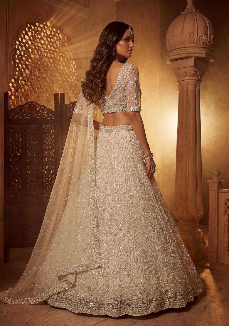 Off White Sequin Work Net Lehenga Set - Indya