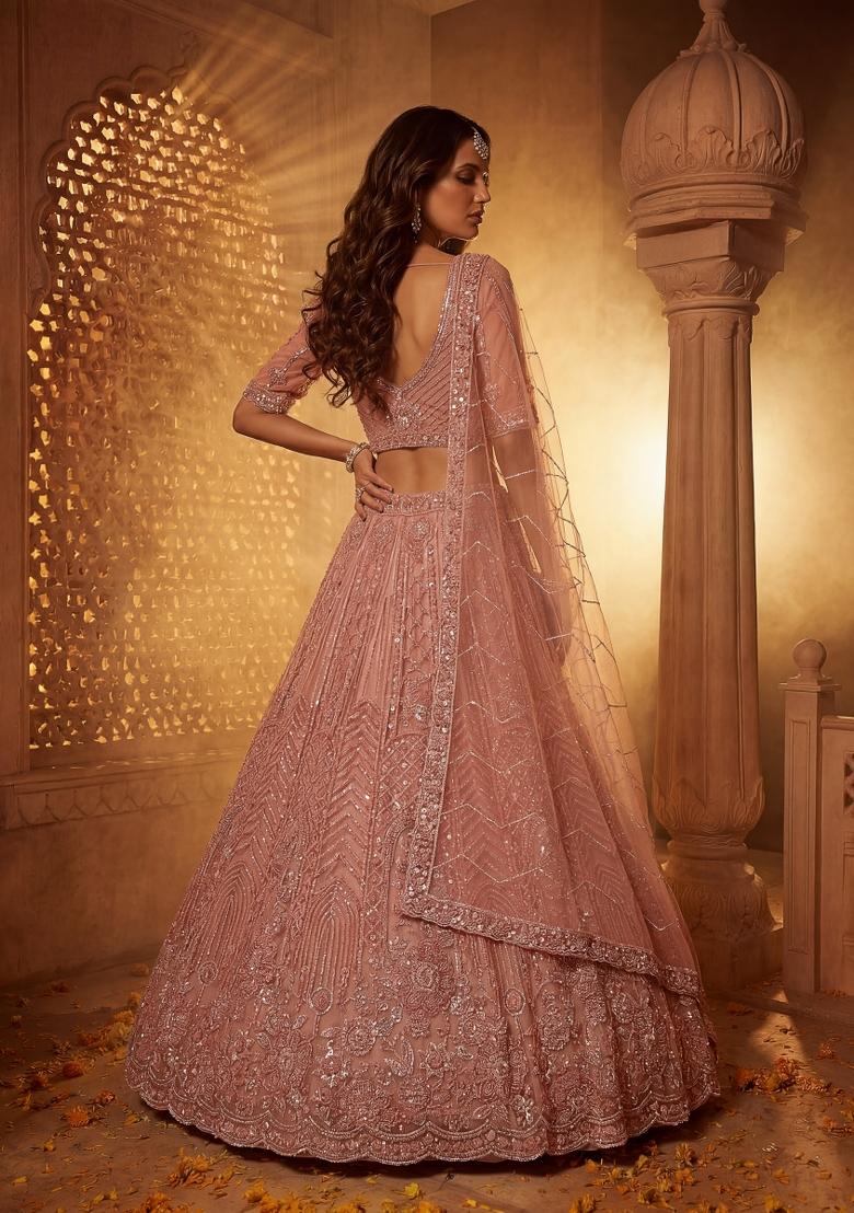 Peach And Pink Sequin Work Net Lehenga Set - Indya