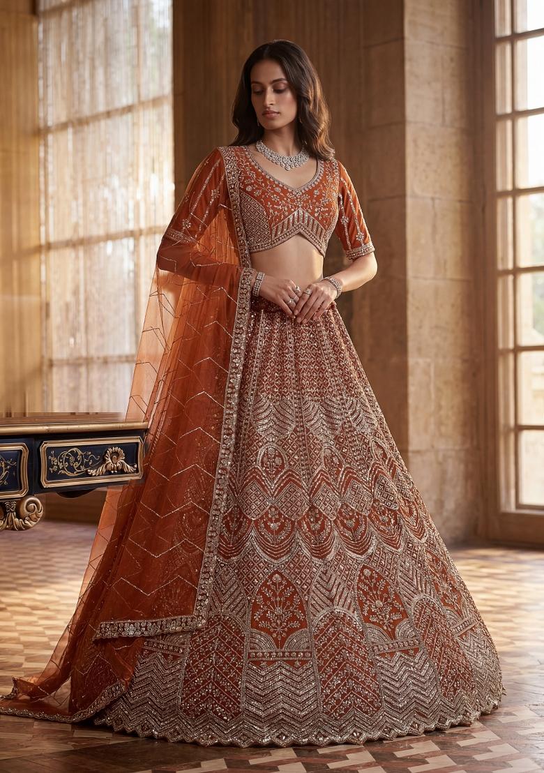 Orange Sequin Work Net Lehenga Set - Indya