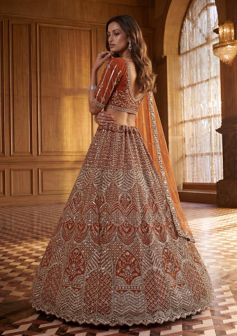 Orange Sequin Work Net Lehenga Set - Indya
