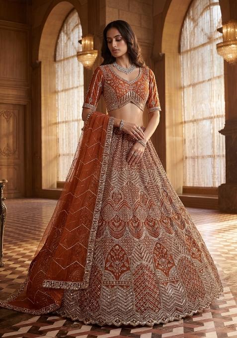 Orange Sequin Work Net Lehenga Set