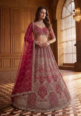 Raspberry Pink Sequin Work Net Lehenga Set