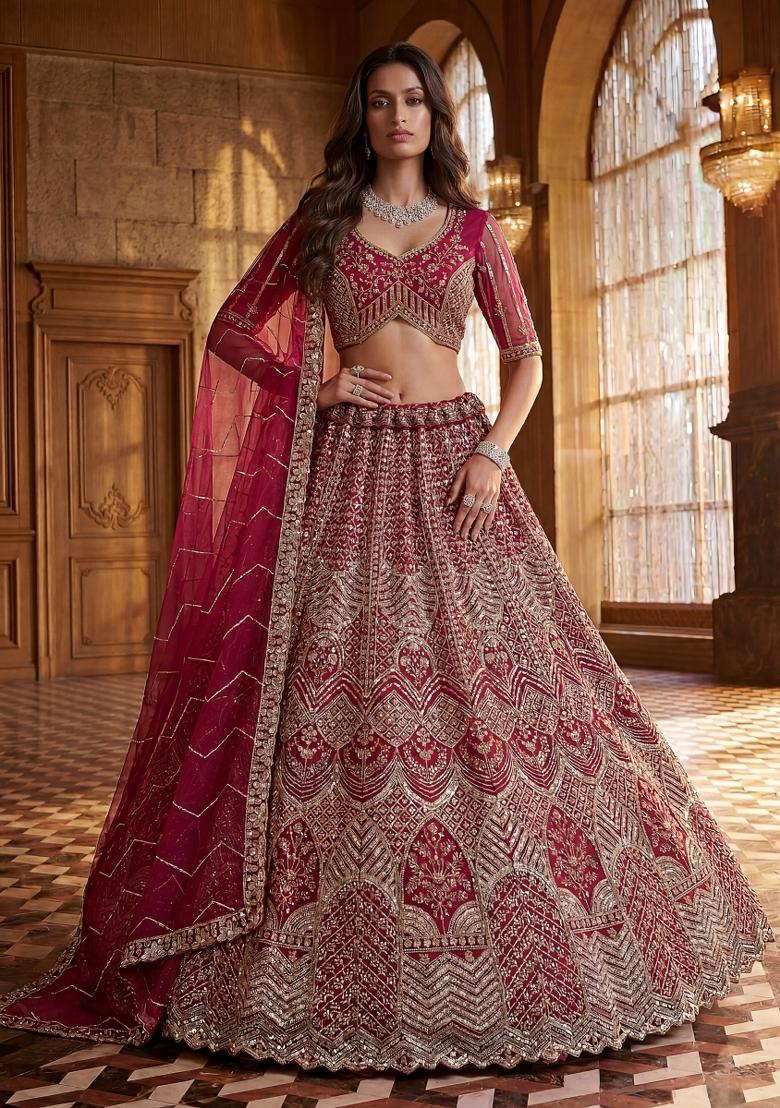 Raspberry Pink Sequin Work Net Lehenga Set - Indya