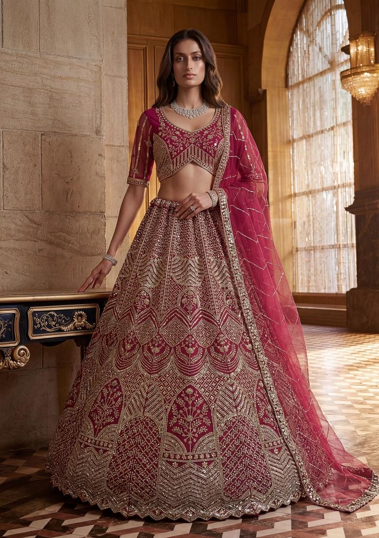 Raspberry Pink Sequin Work Net Lehenga Set - Indya