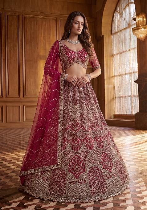 Raspberry Pink Sequin Work Net Lehenga Set