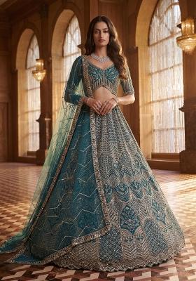 Firozi Sequin Work Net Lehenga Set
