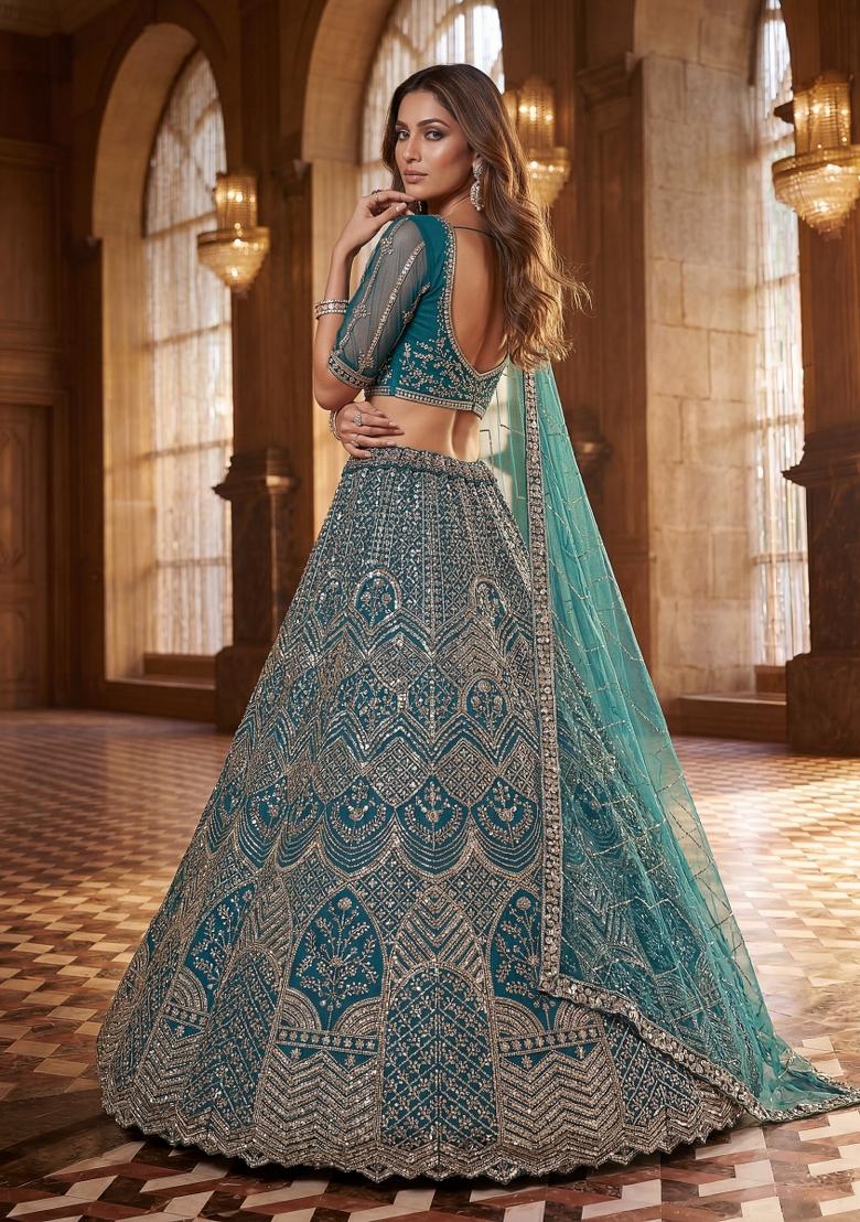 Firozi Sequin Work Net Lehenga Set - Indya