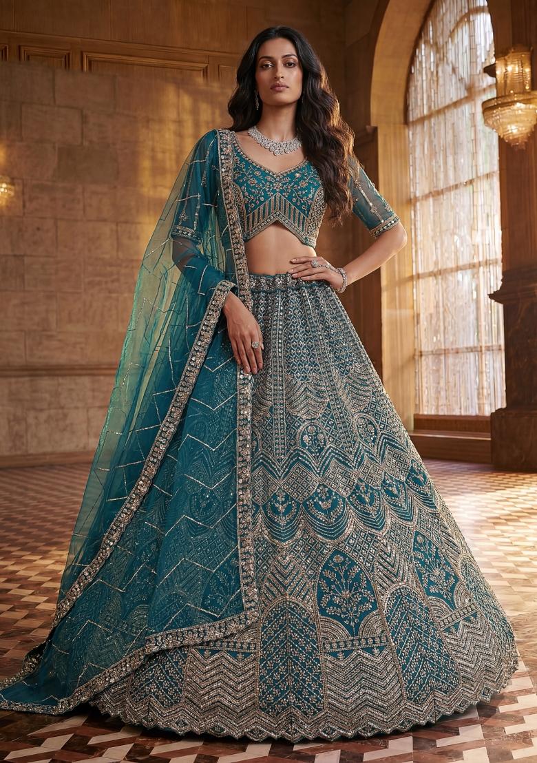 Firozi Sequin Work Net Lehenga Set - Indya