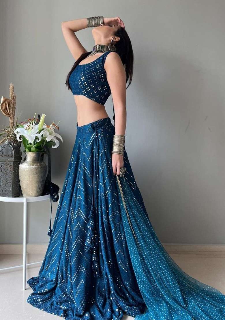 Blue Sequin Work Georgette Lehenga Set for Diwali and Festive Wear - Indya